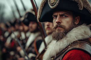 A close-up of a soldier in historical attire, wearing a large fur-trimmed hat a, a Person Photo by Textures & Backgrounds