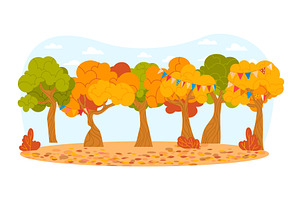 Cartoon Autumn Park Landscape With