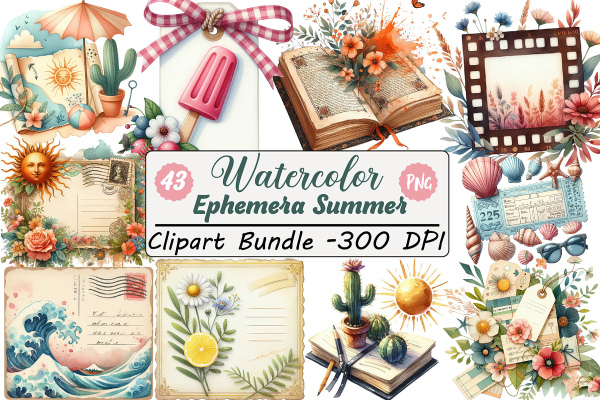 Watercolor Ephemera Summer Clipart, an Illustration by DreamCafeArt (Photo 1 of 8)
