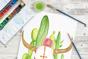 Watercolor Cactus And Skull Clipart