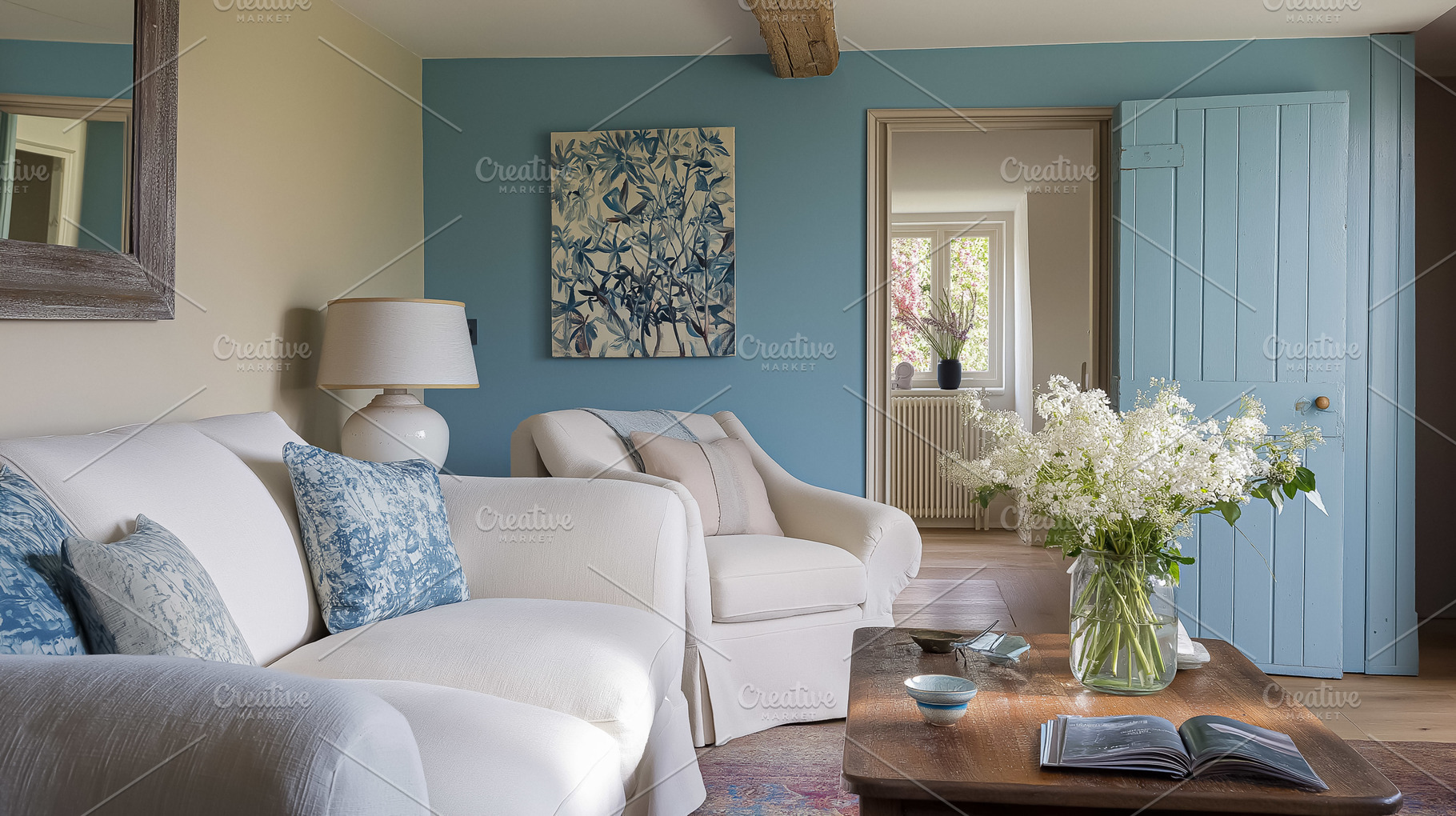 Rustic living room interior featuring white sofa, blue accent wall, wooden door, an Architecture Photo by Studio ANNA