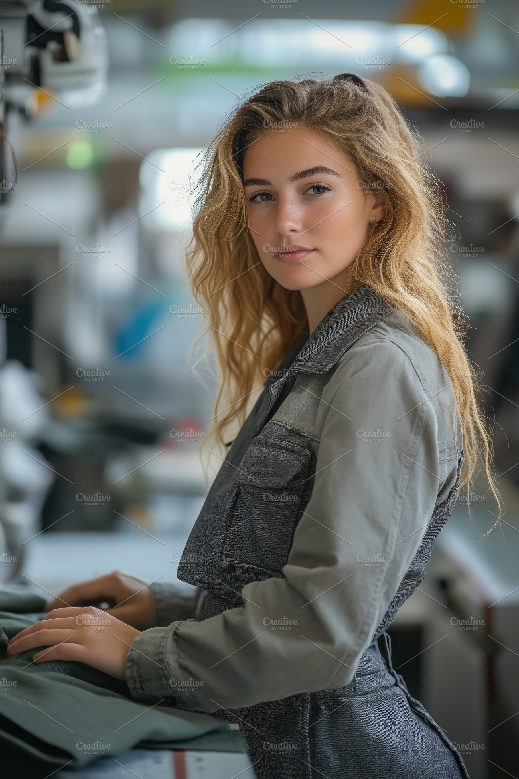 A young garment technologist woman with long, wavy hair wearing a gray jumpsuit, a Person Photo by Textures & Backgrounds