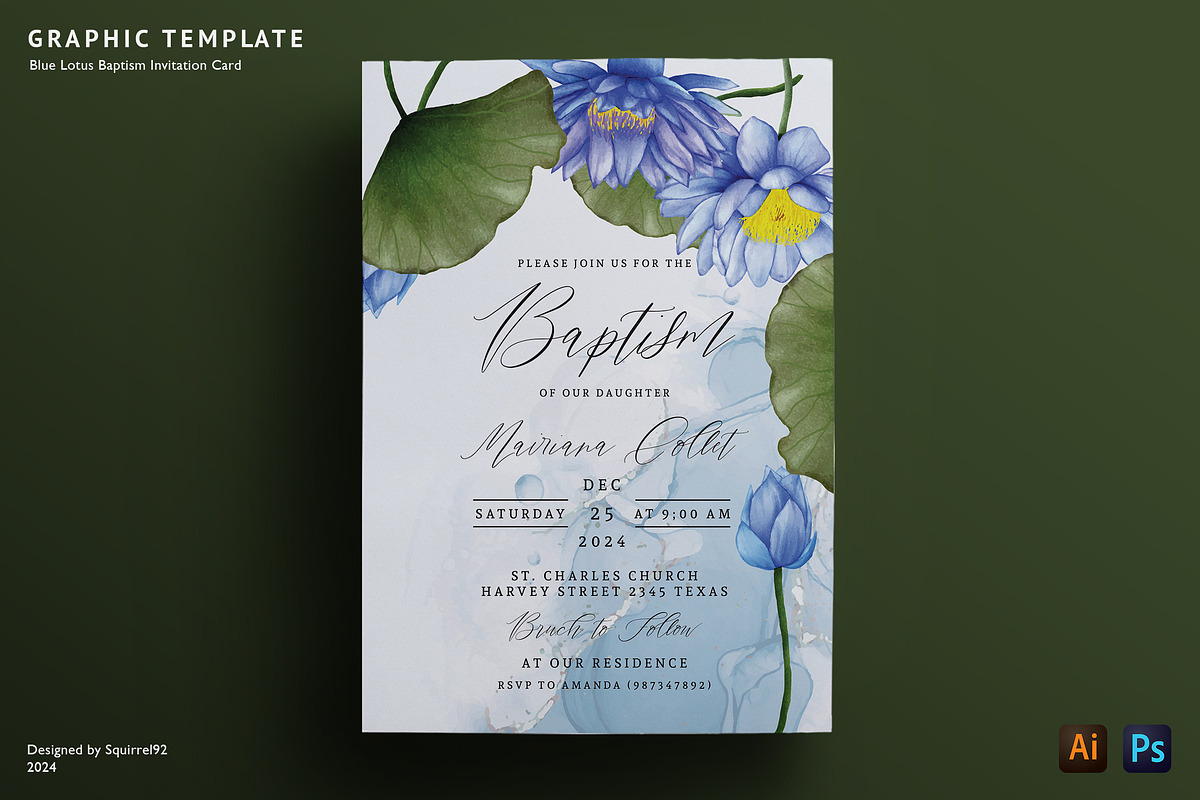Blue Lotus Baptism Card Invitation, an Invitation Template by Squirrel92 (Photo 1 of 2)