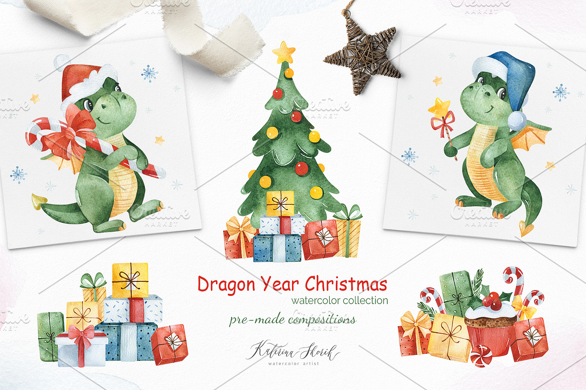 Dragon Christmas. Watercolor set., a Seasonal Illustration by Kate_Rina (Photo 6 of 13)