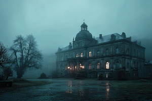 Mysterious Mansion Foggy Night Dark, a Photo by Pixeness Studio