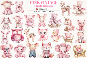 Pink Vintage Plush Animals Clipart, an Illustration by Watercolor design