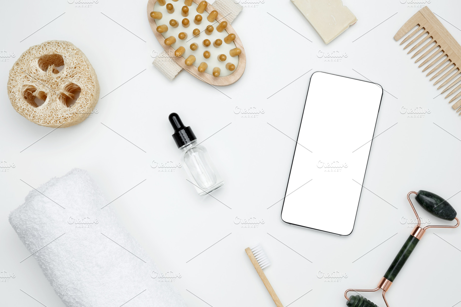 Mockup for beauty and wellness design. Smartphone with blank white screen surro, a Photo by matucha