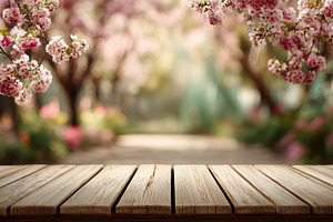 Wooden Table Spring Blossoms Pink Fl, a Photo by Pixeness Studio