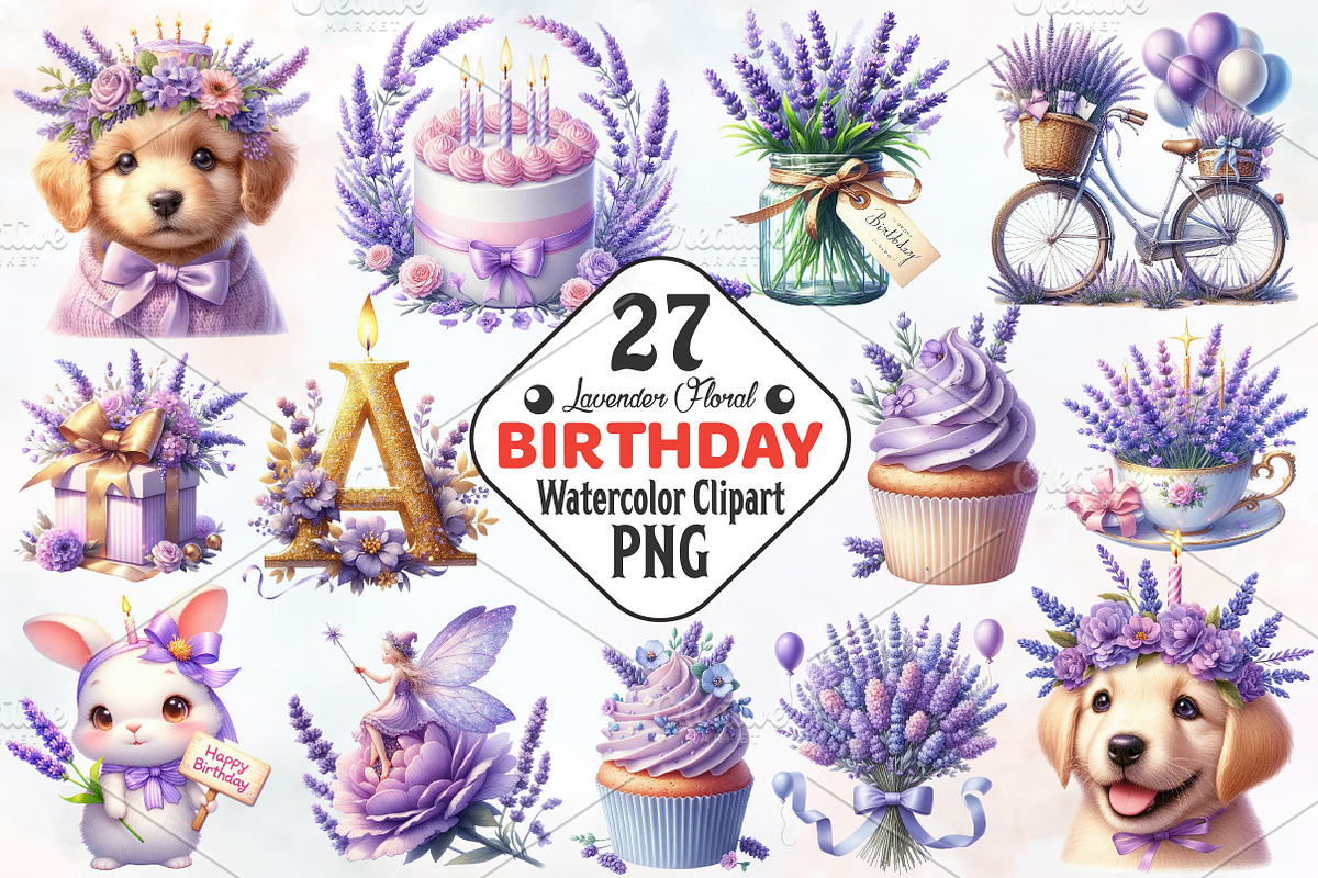 Lavender Floral Birthday Clipart, an Illustration by RobertsArt (Photo 1 of 7)