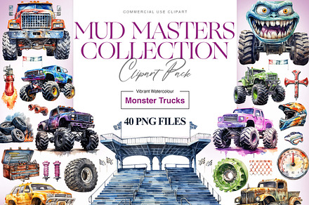 Watercolor Monster Truck Clipart PNG, a Transportation Illustration by BrushstrokeArtGB