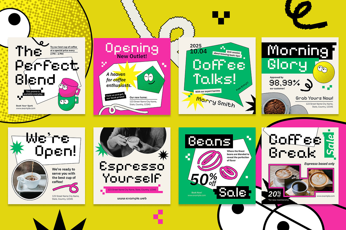 Pixelated Coffee Shop Instagram Set, a Social Media Template by Aiyari Graphic (Photo 3 of 5)