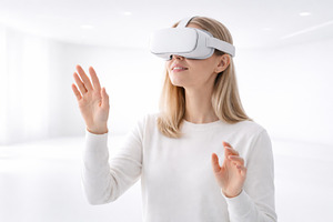 Woman using virtual reality headset, a Photo by Dvoevnore photos