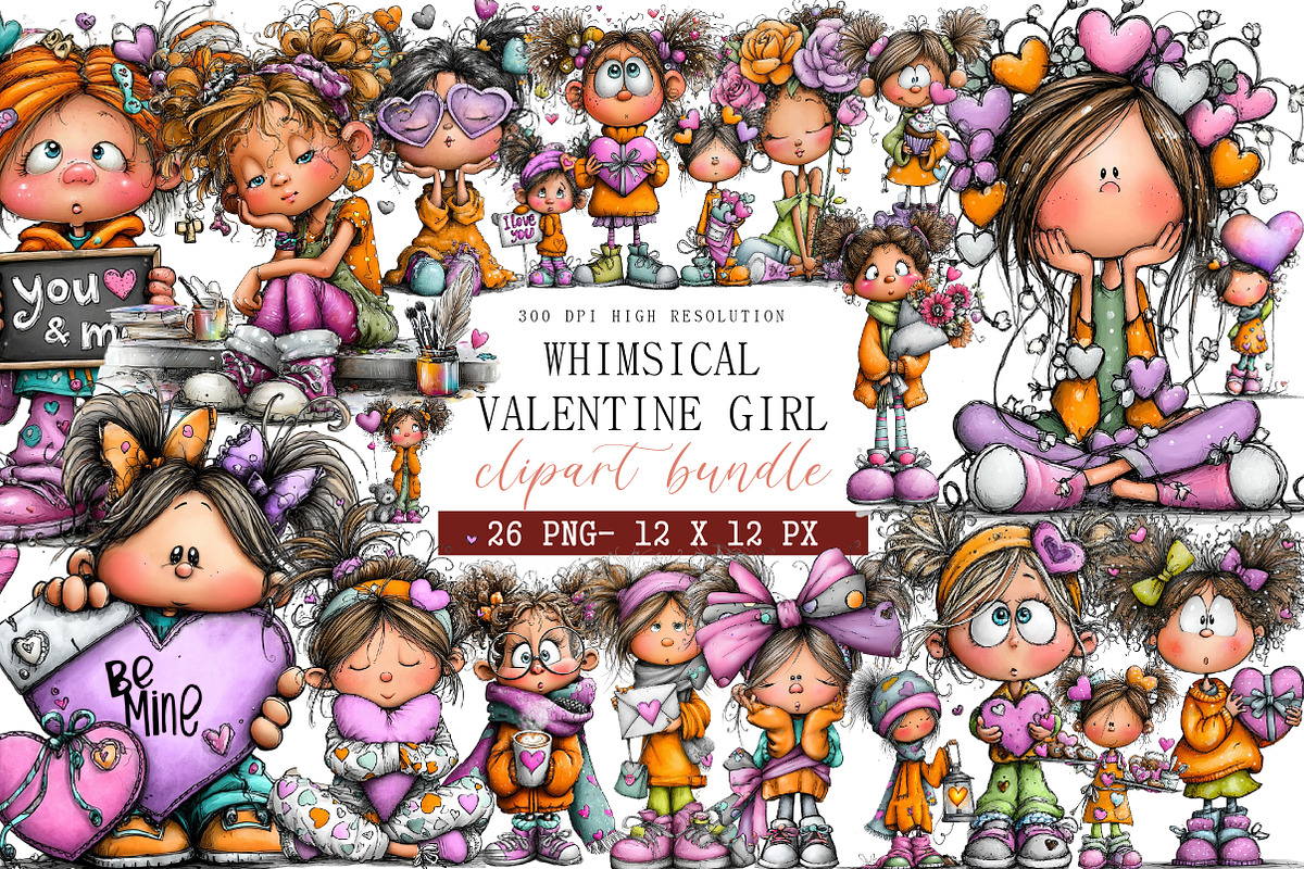 Whimsical Valentine Girl Clipart, an Illustration by DreamArtGraphic (Photo 1 of 4)