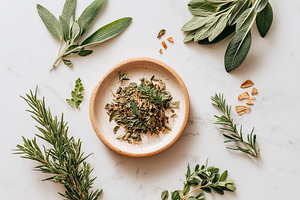 Dried herbal tea leaves carefully arranged on a plate with fresh herbs beside t, a Photo by AlyaAnd