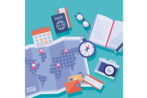 paper map and travel icons, an Object Illustration by studiogstock