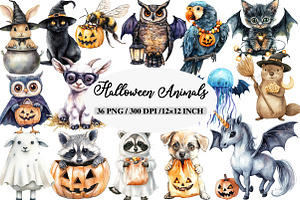 Watercolor Halloween Animals Clipart, an Illustration by Daily.Designs