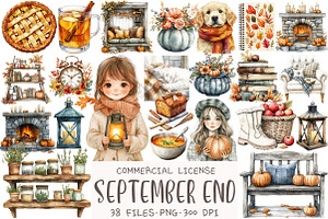 Watercolor September End Clipart, an Illustration by OK Design