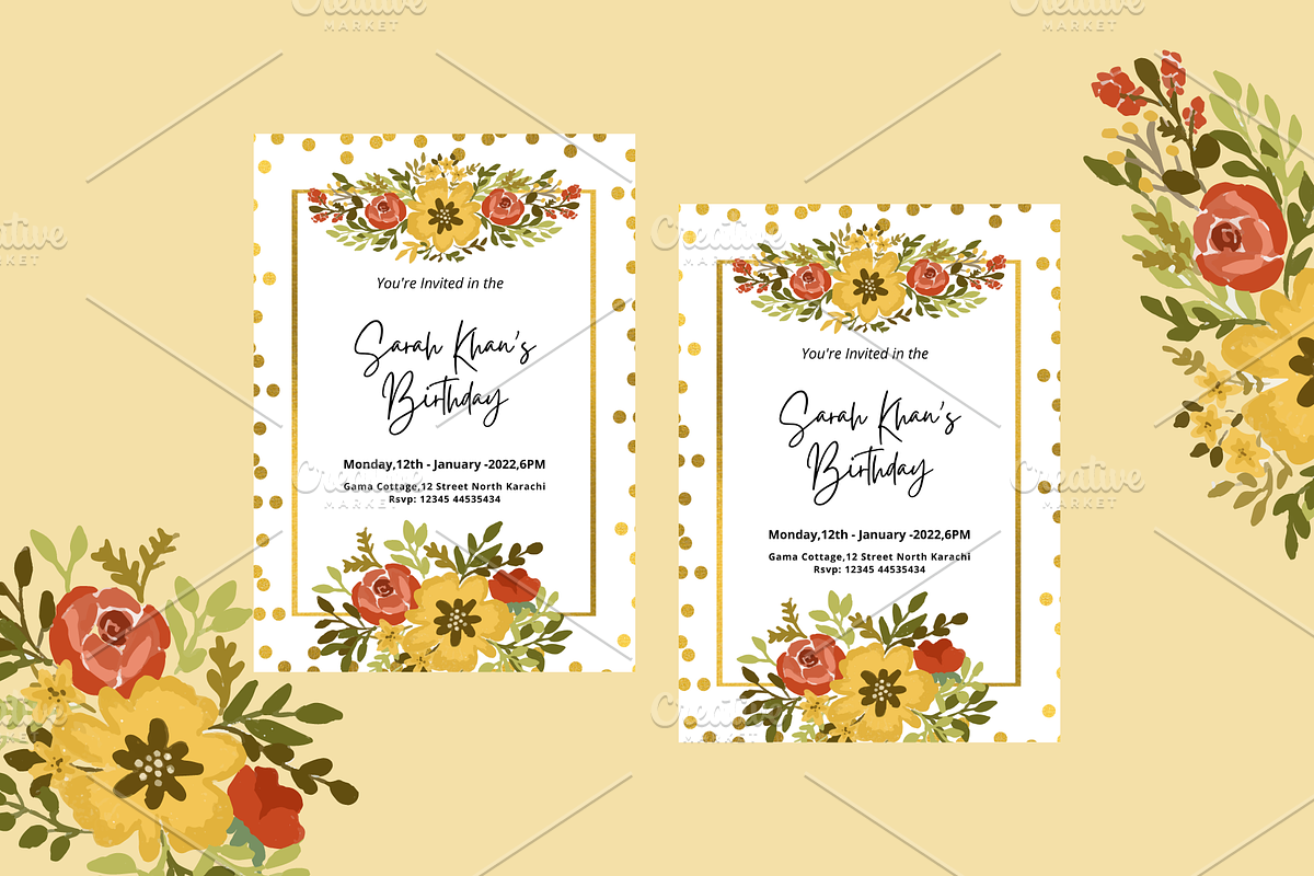 Floral Gold Frame Birthday Invite, an Invitation Template by Weddinginvitation by Fati