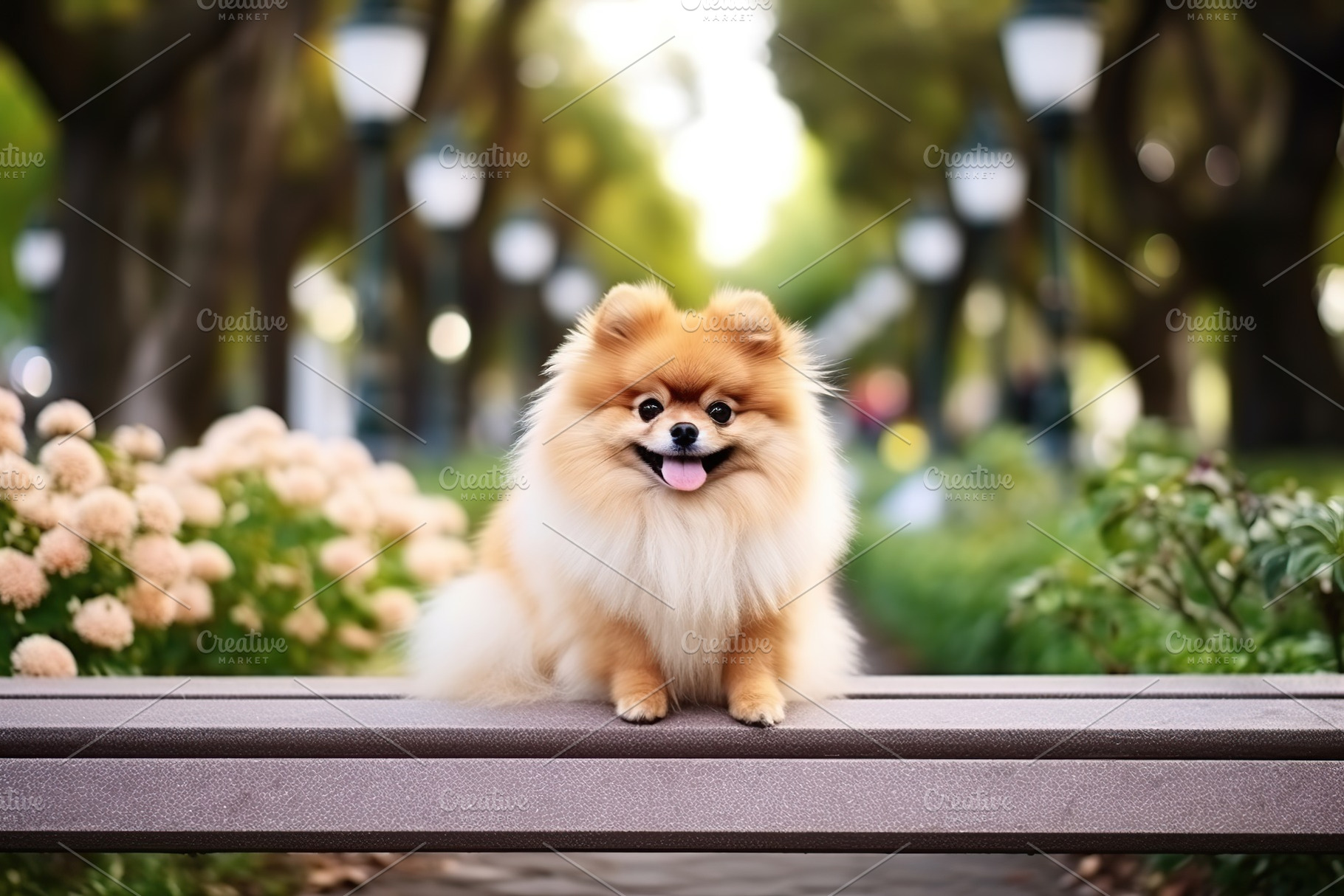 Pomeranian spitz sitting on bench in the park, an Animal Photo by AlyaAnd