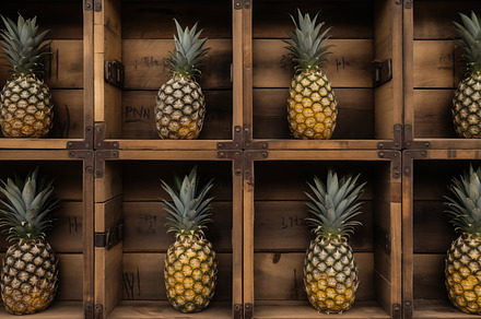 A neatly arranged pineapples in wooden crates. The crates are stacked in a grid, a Food & Drink Photo by Textures & Backgrounds