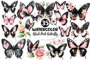 Black and Pink Butterfly Clipart, an Illustration by Dream Creation