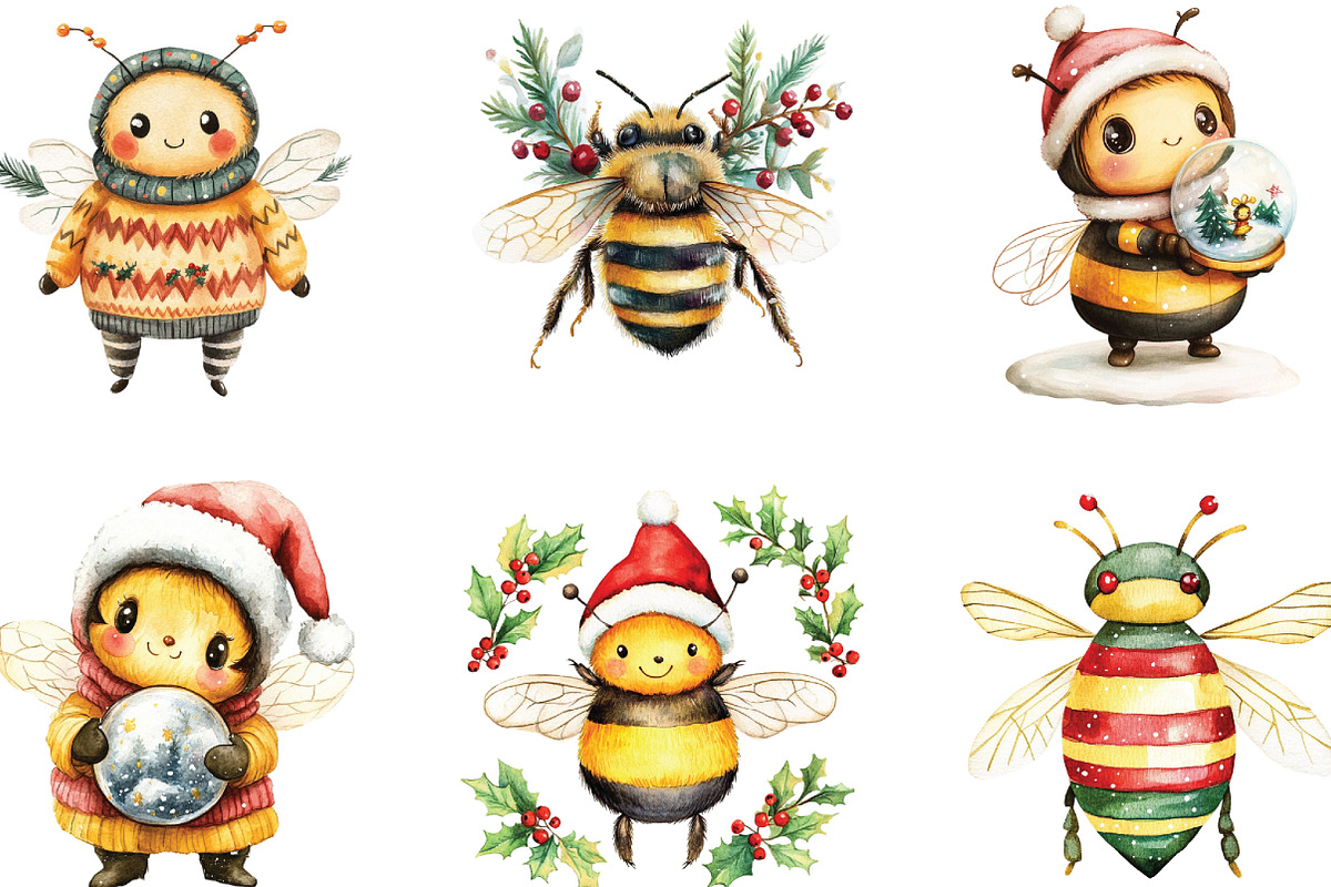 Watercolor Cute Christmas Bee PNG, a Work Illustration by CraftArtStudio (Photo 2 of 6)