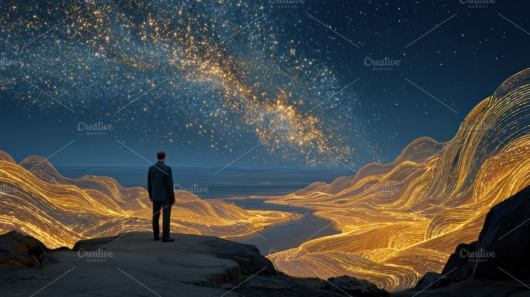 Man in Suit Gazes at Glowing Landsca, a Photo by Pixeness Studio