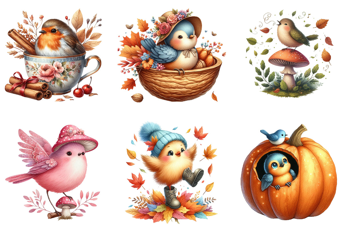 Whimsical Fall Birds Clipart, a Seasonal Illustration by DreamArtGraphic (Photo 4 of 4)