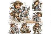 Boy and Piglet Clipart JPG, a Person Illustration by Memories By Lea (Thumbnail 1 of 18)