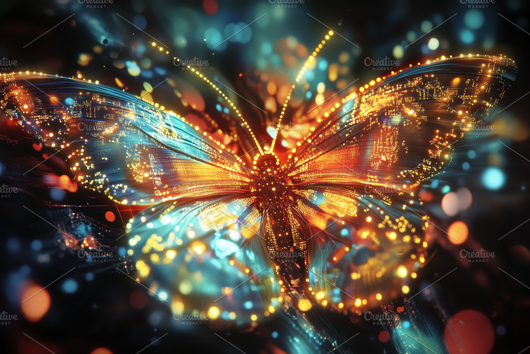 A vibrant, digital butterfly composed of glowing particles and lights, set agai, an Animal Photo by Textures & Backgrounds