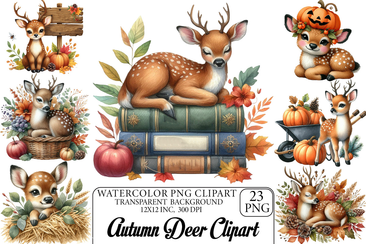 Watercolor Autumn Deer Clipart Bundl, an Illustration by DreamPrint404 (Photo 1 of 6)