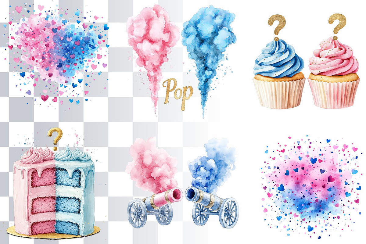 18 Gender Reveal Watercolor Elements, a Decorative Illustration by Loony Dream Designs (Photo 4 of 5)