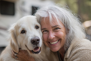 Woman hugs dog with joy by camper, a Photo by Beautiful things