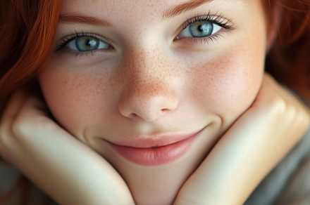 A close-up portrait of a young woman with red hair and freckles, smiling gently, a Person Photo by Textures & Backgrounds