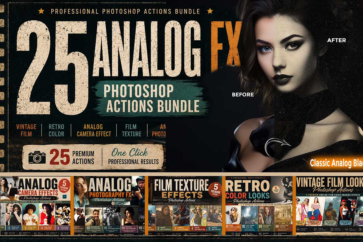 25 Analog FX Photoshop Action Bundle, an Action Add-On by Studio Retouch (Photo 1 of 59)