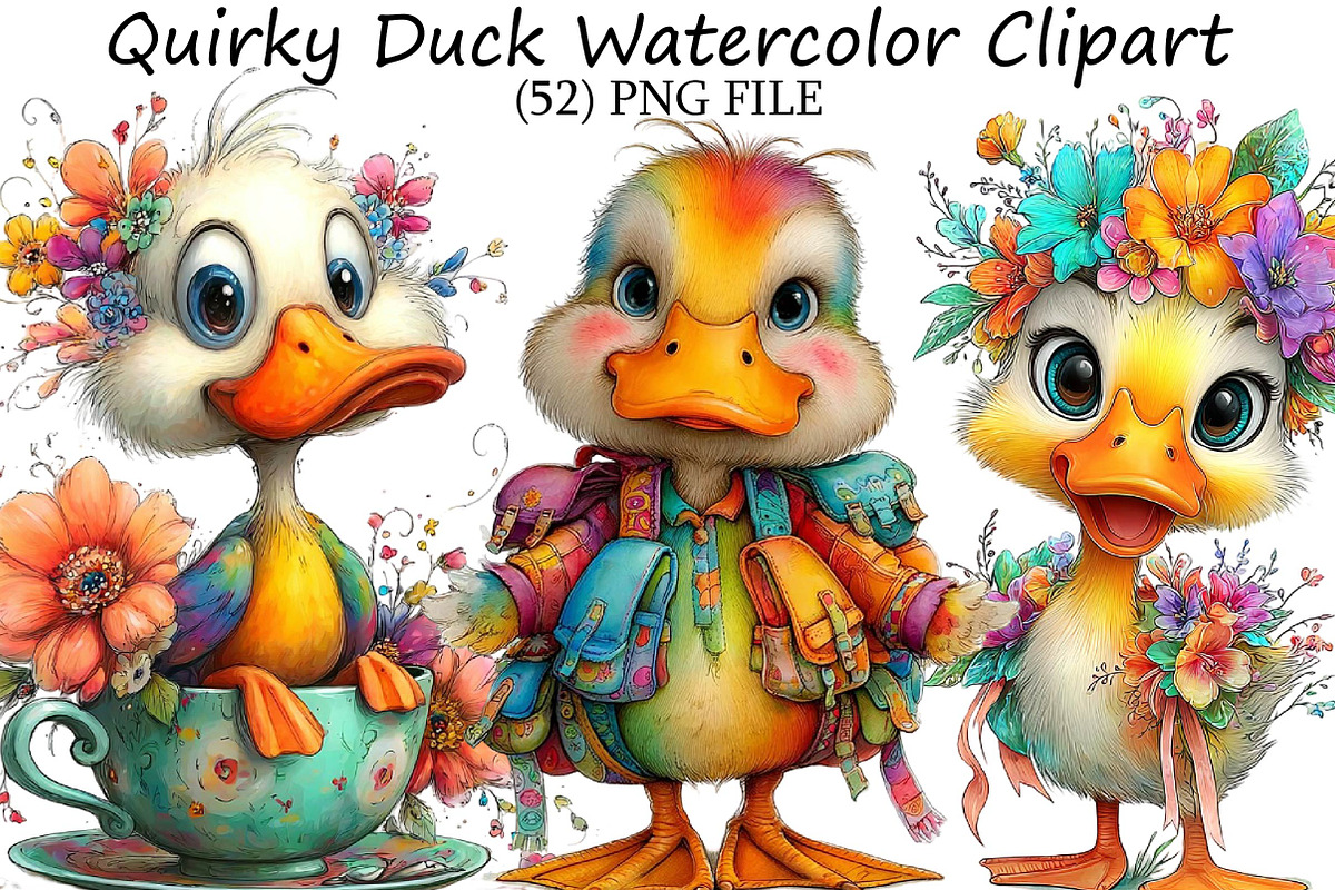 Quirky Duck Watercolor Clipart, an Illustration by DreamPrint404 (Photo 1 of 7)