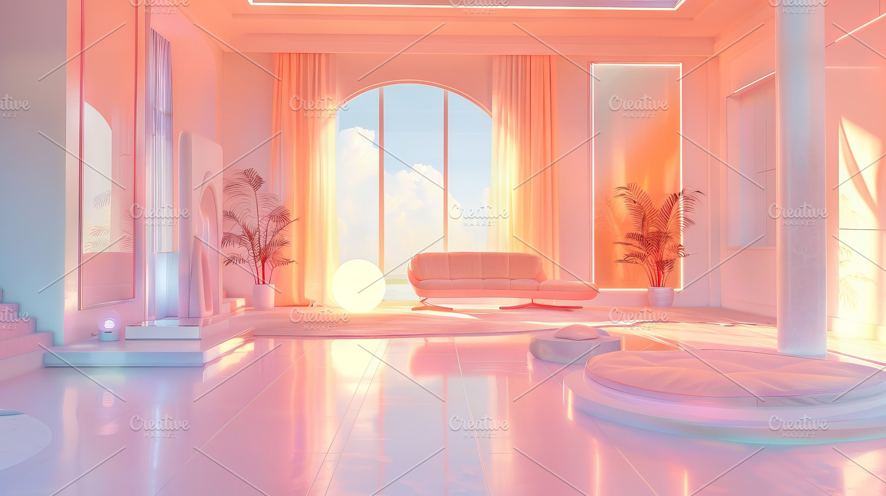 Surreal Pastel Sunrise Room ai, an Architecture Photo by Ocean Digital Art