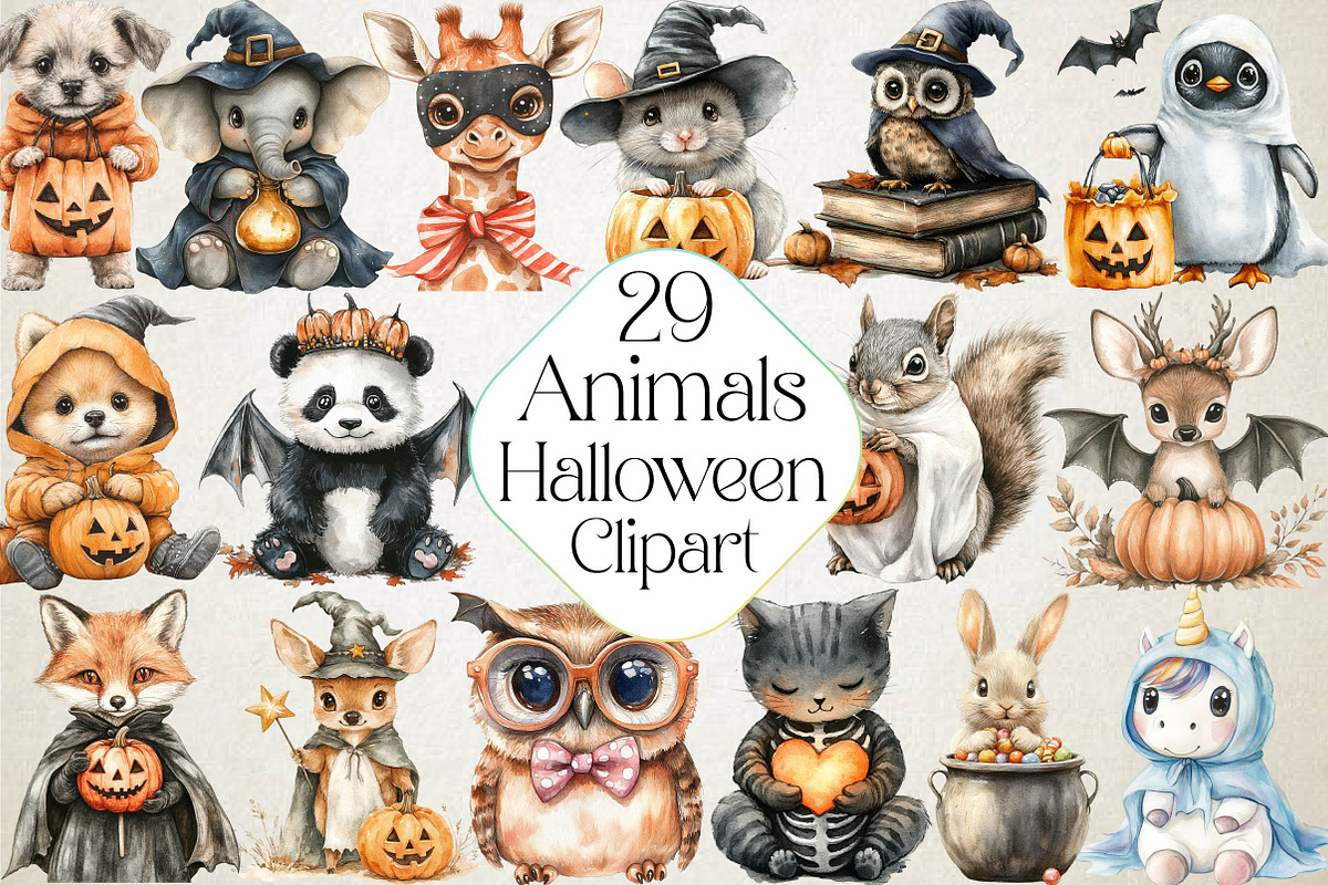 Cute Halloween Animals Clipart, an Illustration by DreamPrint404 (Photo 1 of 5)