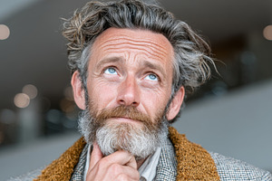 Thoughtful man with beard pondering in a bright indoor setting, a Person Photo by AS photostudio