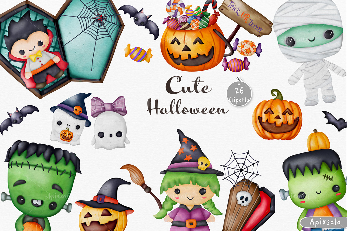 Cute Halloween Watercolor Clipart, a Person Illustration by Apixsala (Photo 1 of 7)