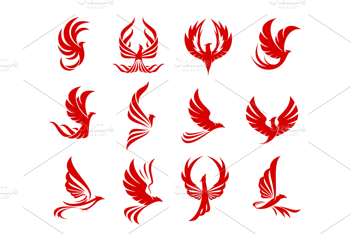 Red phoenix bird icons, an Illustration by Vector Tradition
