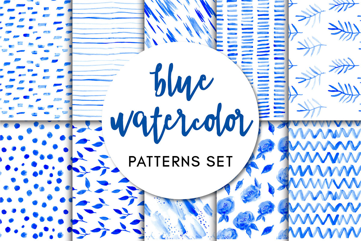 Blue Watercolor - Patterns Set, a Pattern Graphic by Anchors_and_Curves (Photo 1 of 4)