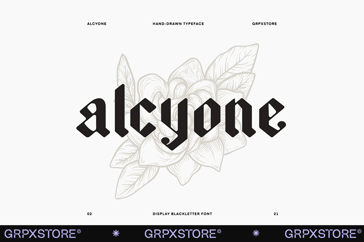Alcyone Display Font + Illustrations, a Blackletter Font by GRPXSTORE (Photo 1 of 4)