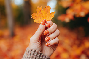Female hand holding an orange maple leaf during autumn in a forest setting, a Beauty & Fashion Photo by AlyaAnd