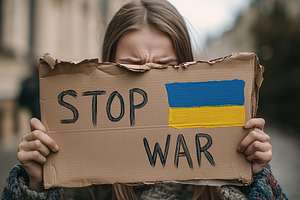 Young girl protests against war with a handmade sign showing sup, a Person Photo by AlyaAnd
