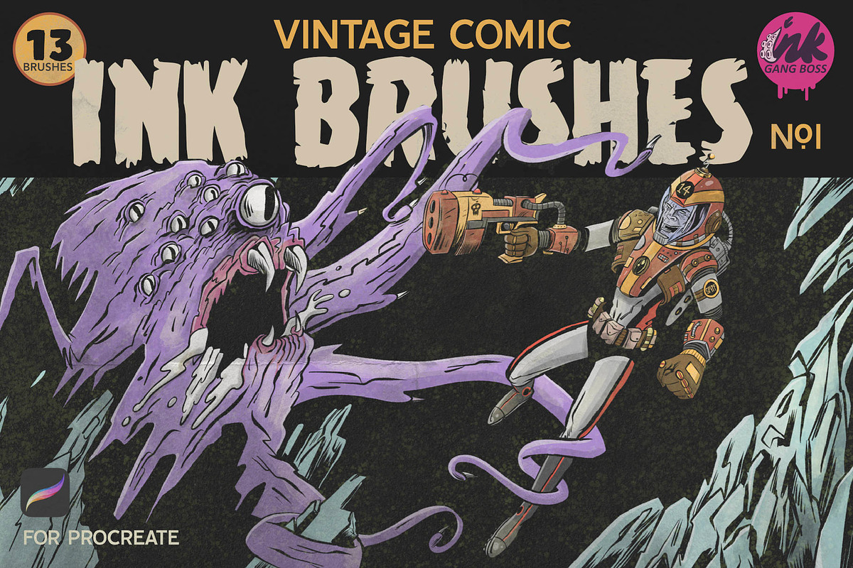 Procreate Vintage Comic Ink Brushes, a Brush Add-On by Ink Gang Boss (Photo 1 of 9)