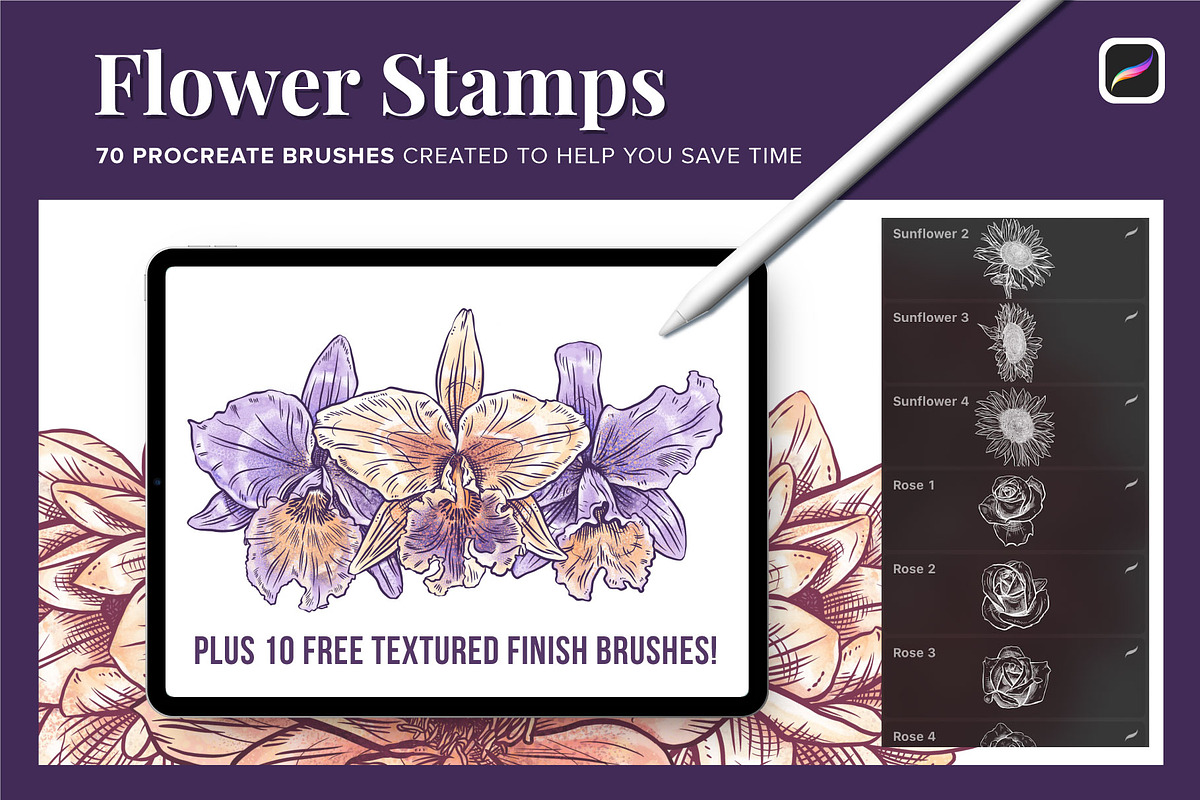 70 Flower Stamps for Procreate, a Brush Add-On by Riveros Illustration (Photo 2 of 13)