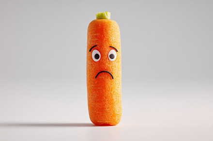 Carrot stick standing upright on white with a sad expression and cartoon eyes, a Food & Drink Photo by AlyaAnd