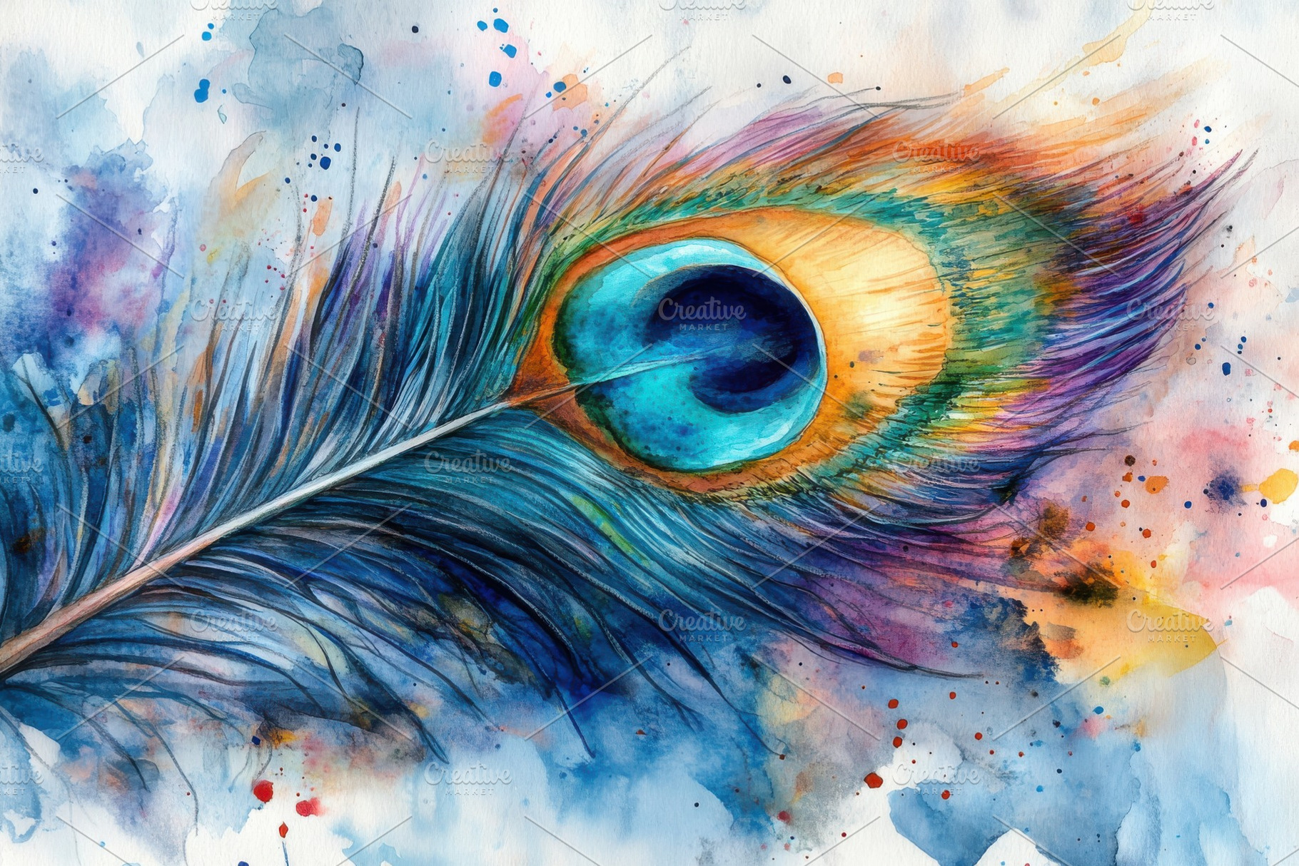 Vibrant Peacock Feather Watercolor P, a Photo by Pixeness Studio