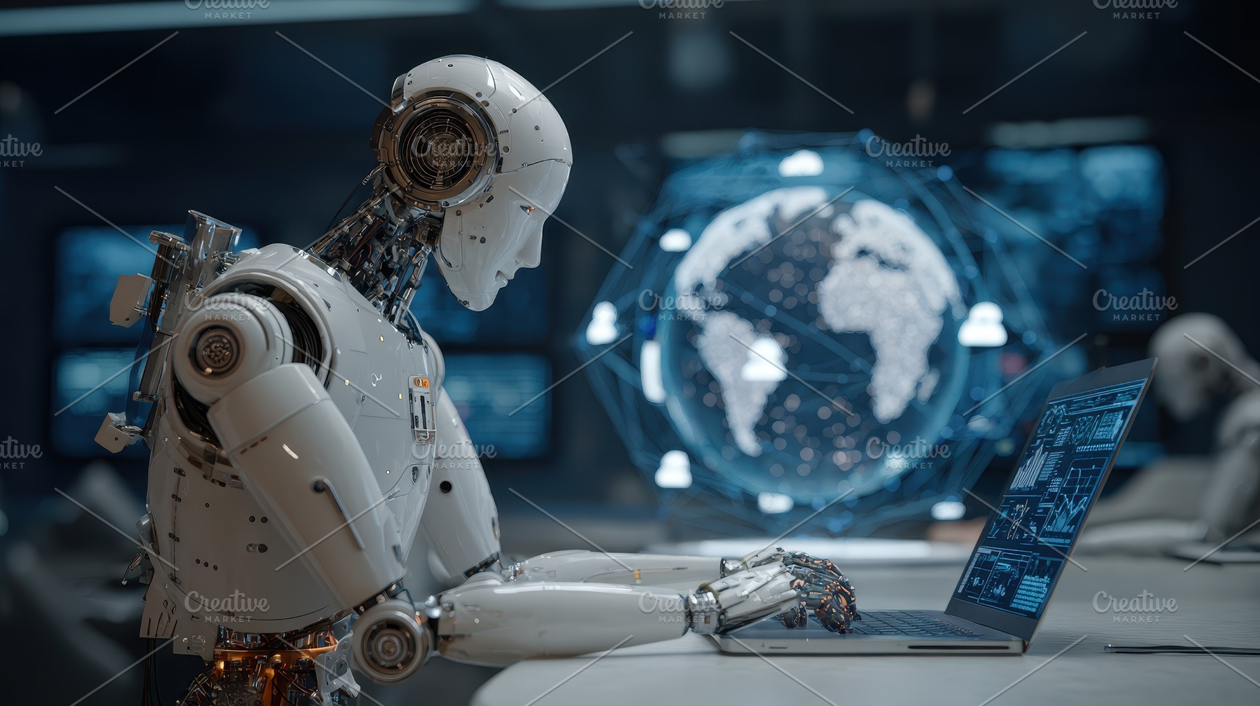 Advanced Robot Using Laptop Global N, a Photo by Pixeness Studio